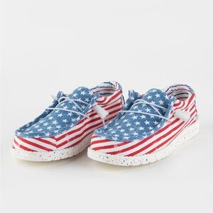 Men’s size 13 patriotic Stars and Stripes Hey Dude shoes